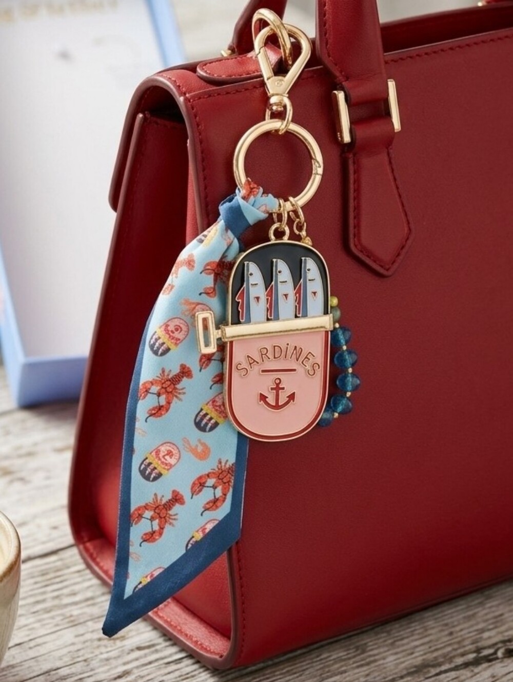 Sardines Bag Charm with Blue Scarf & Beaded Accent